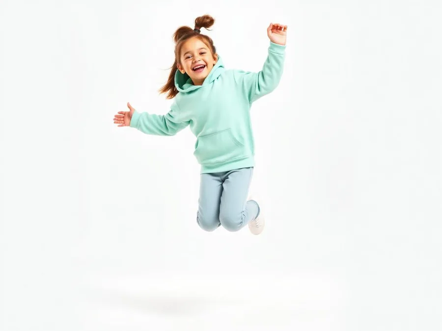 Oversized hoodie for kids with soft cotton in mint green, joyful girl jumping