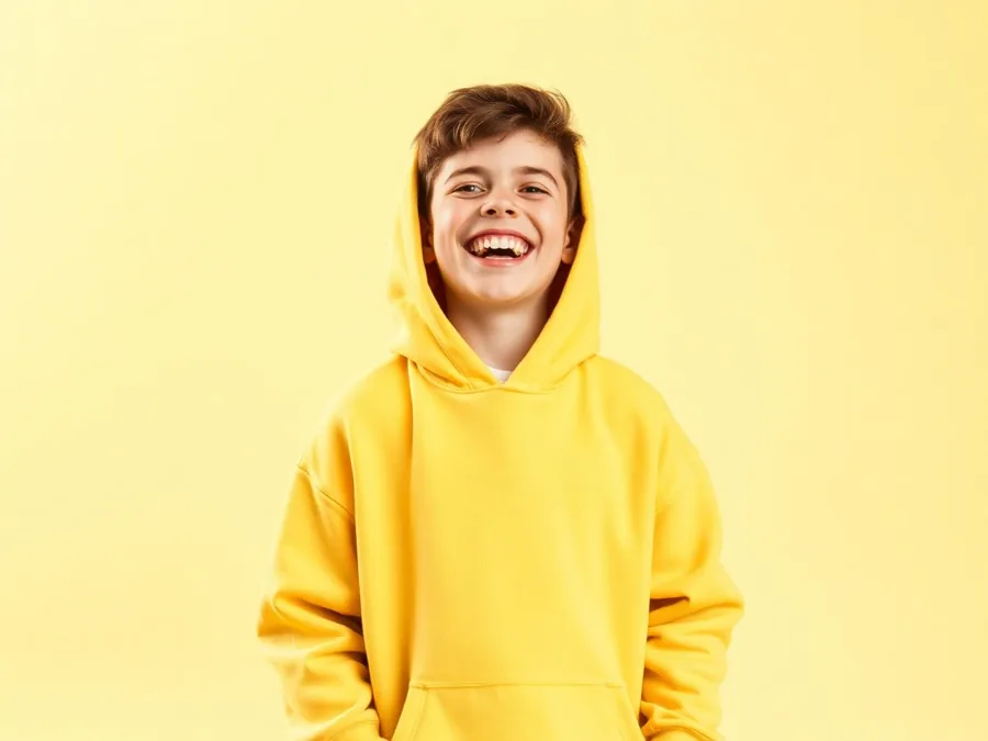 Trendy oversized hoodie for kids in mustard yellow on a happy boy